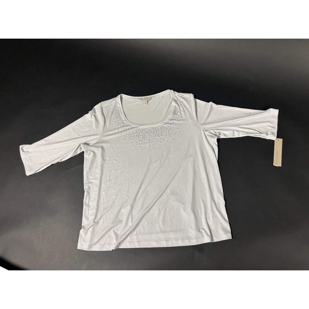 NWTLaura Ashley Blouse WM- 2X White Stretch Embellished Half Sleeve Pullover